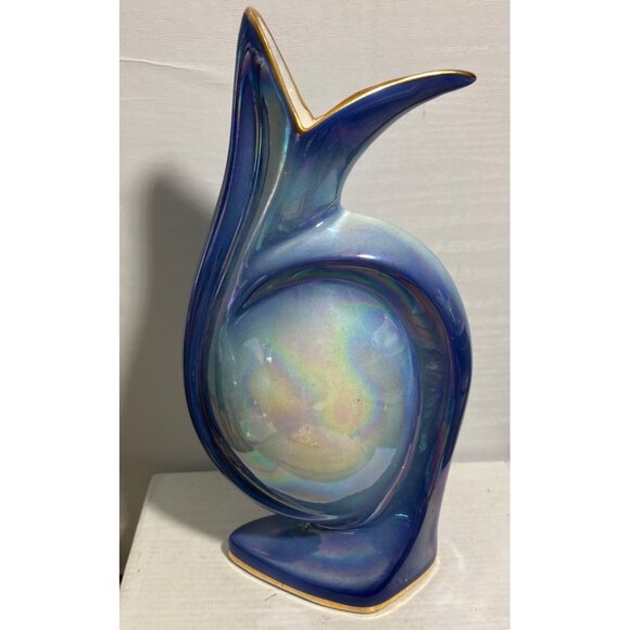 Vintage SCAR Italy Vase Art Deco Blue Iridescent Finish Nautical Sailboat 10" - Picture 5 of 7